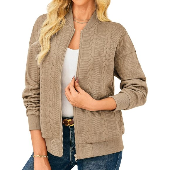 Women Khaki Lightweight Bomber Jacket Stand Collar Zip Up Fall Casual Coat - Picture 1 of 6